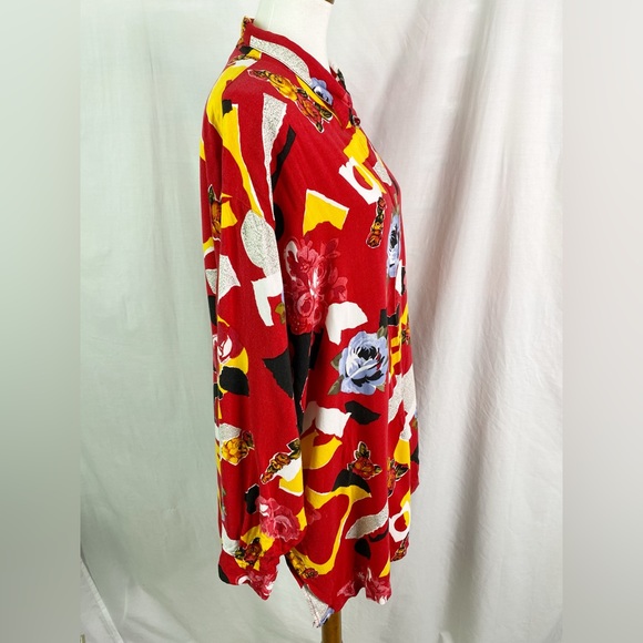 Vintage 80s Bold Abstract Floral Geometric Print Red Button Up Blouse Top XXL - Picture 5 of 7